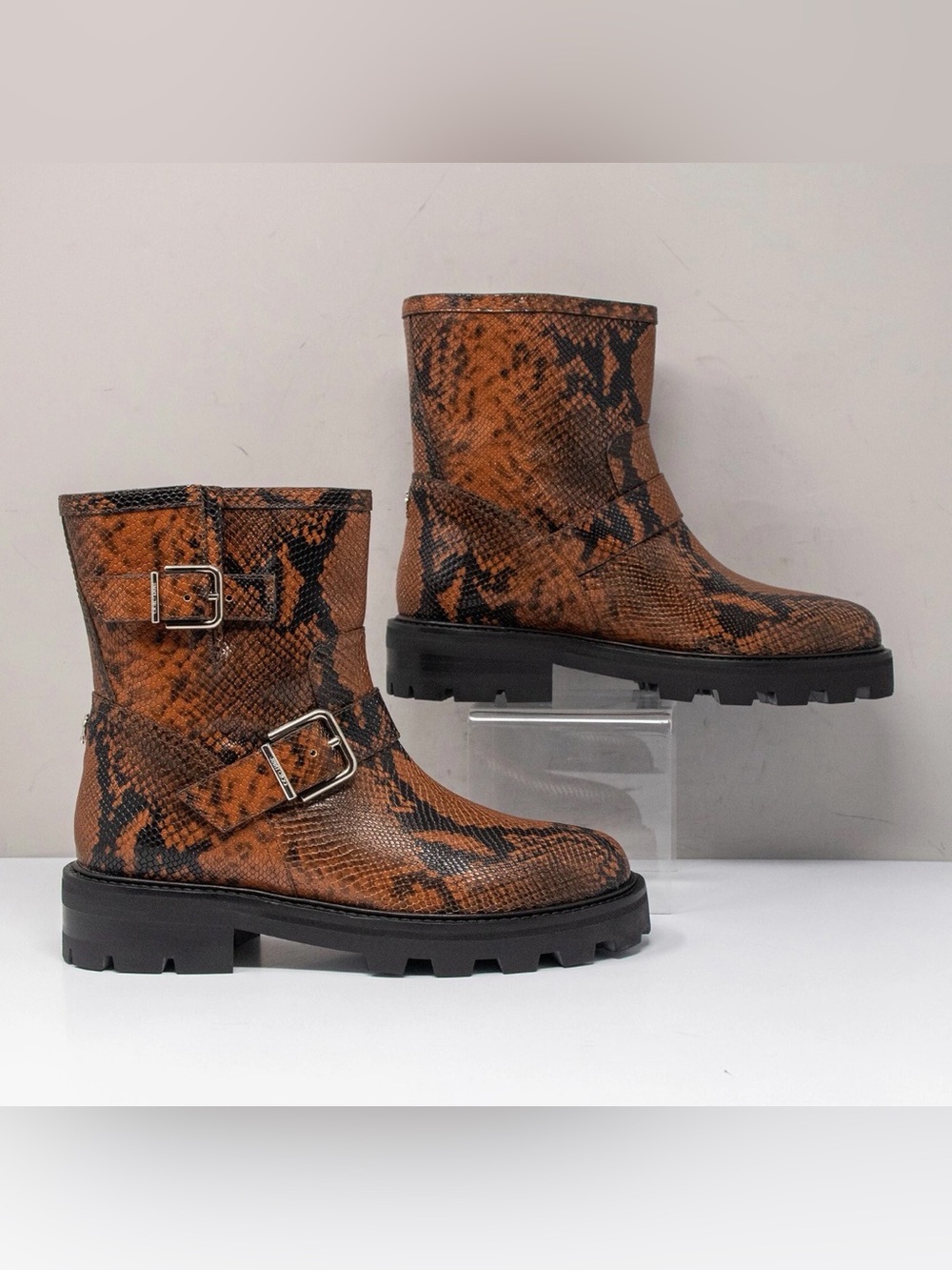 NEW Jimmy Choo Brown Snake-Print Lug Sole Buckle Ankle Boots